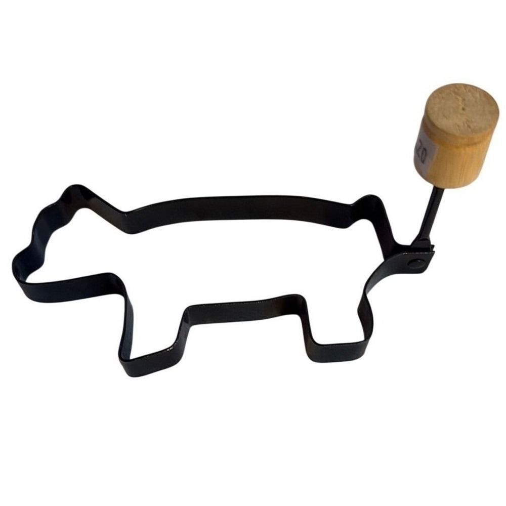 Pig Shaped Pancake Egg Ring Black Metal with Wooden Handle Vintage